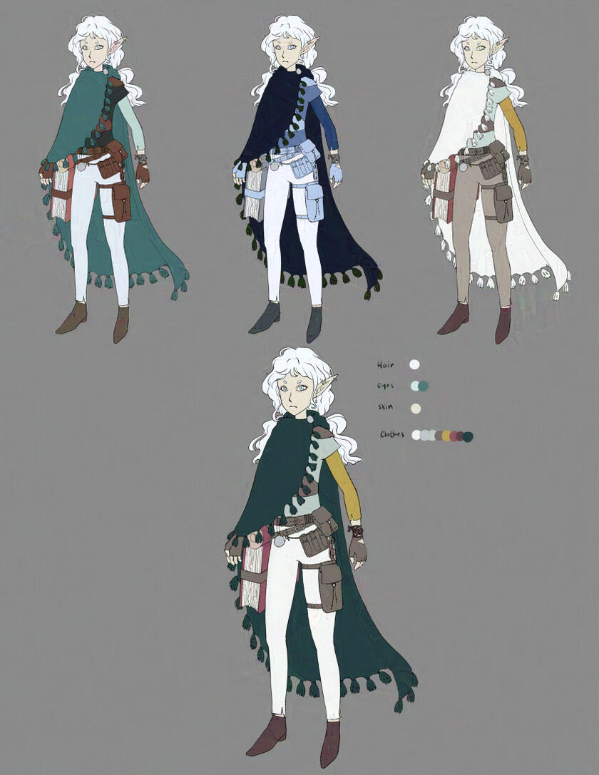 multiple color palette concepts of female-presenting elf with elongated ears, white wavy hair, wearing asymmetrical tasseled cape and rugged costume