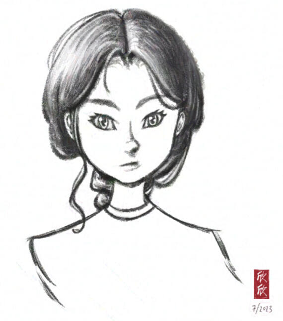 black and white portrain sketch of an Asian-presenting woman wearing a loose braid and a crew neck shirt