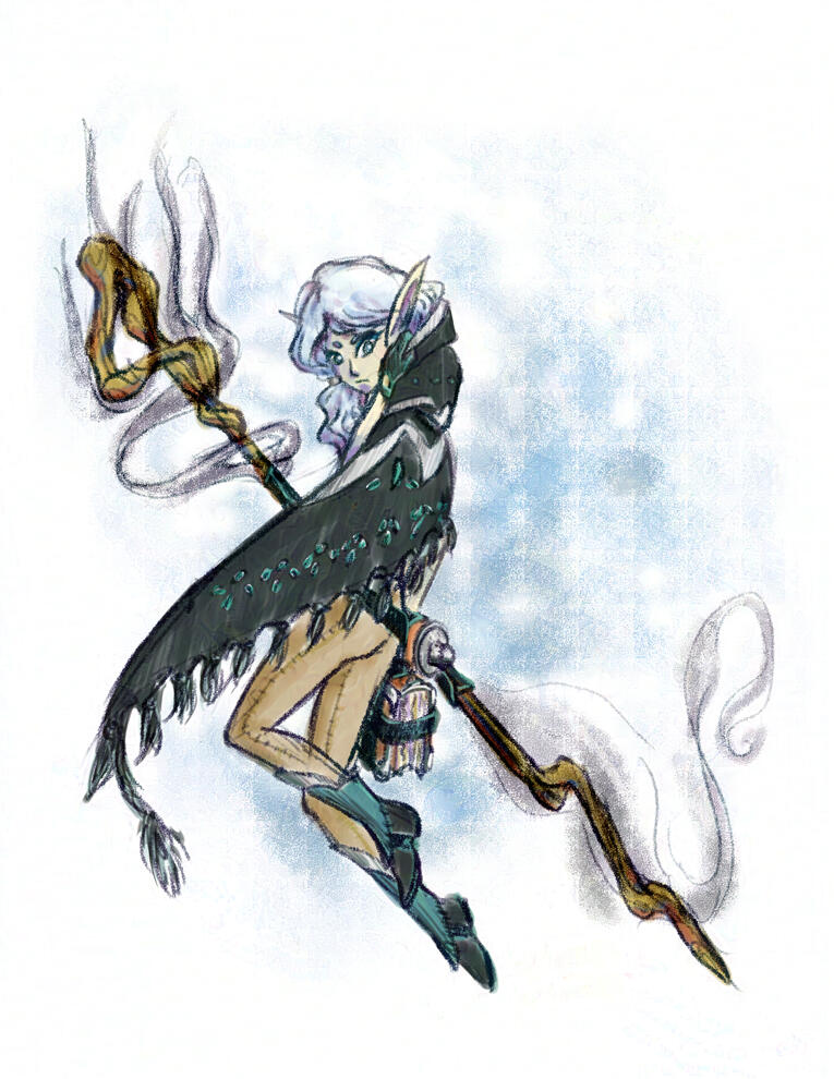 slim female-presenting elf with wavy white hair, elongated ears wearing a dark-gray hooded cape, khaki slim fit trousers, and mid-length utility boots carrying a long wooden quarterstaff in a floating magical pose