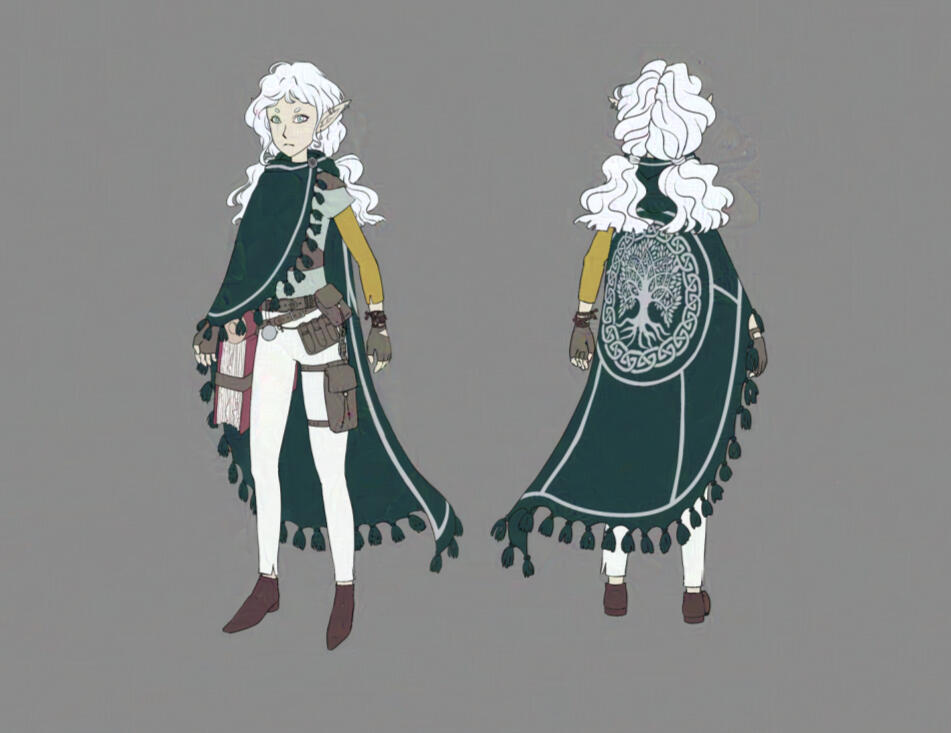 concept drawings of front and back view of female-presenting elf with elongated ears, white wavy hair, wearing blue-green asymmetrical tasseled cape with an embroidered tree design, green and yellow top, light slim trousers, and maroon short boots